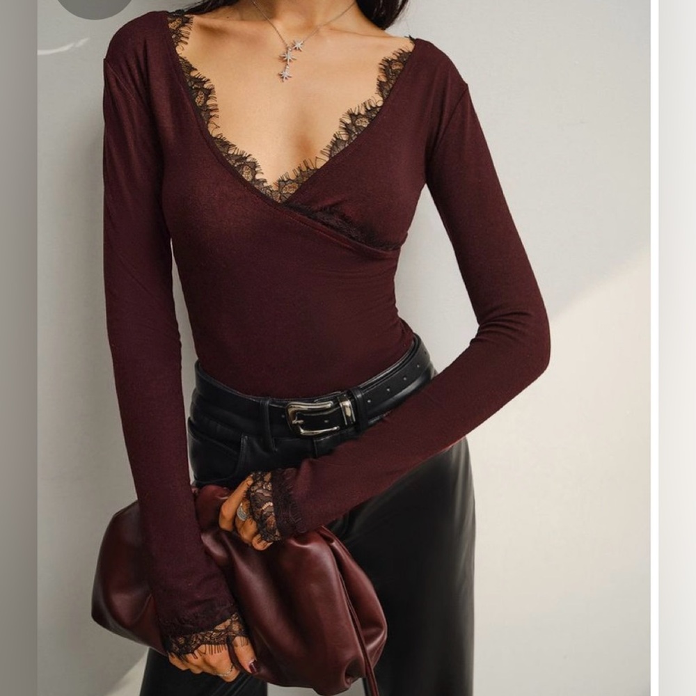 New Commense Long Sleeve Lace Trim Shirt Burgundy Medium